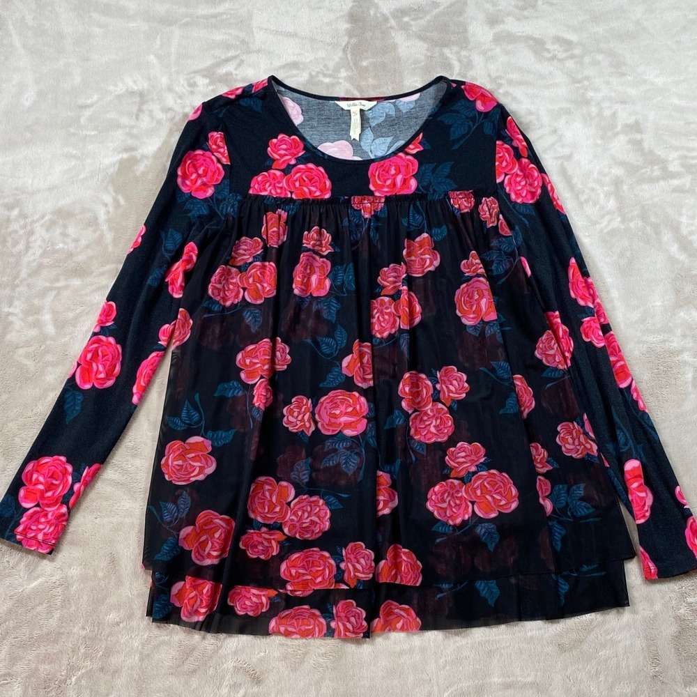 Matilda Jane Winter Blooms Black Pink Floral Mesh Babydoll Tunic Top Medium Boho